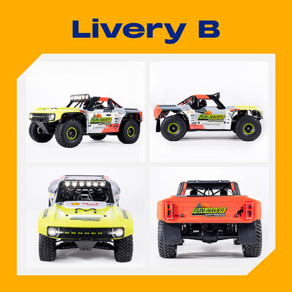 Four different views of a toy truck with 'Fun-Haver' branding on an orange background.