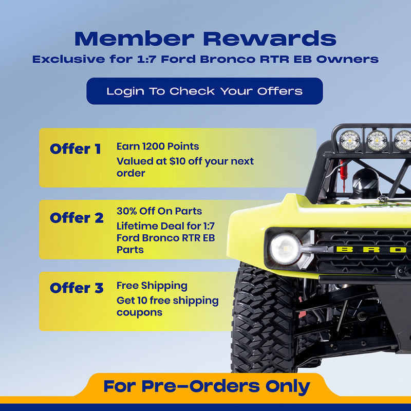 Promotional graphic for Member Rewards exclusive to 1:7 Ford Bronco RTR EB owners with offers and a model vehicle.
