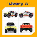 Four views of a toy truck with 'Livery A' branding on an orange background