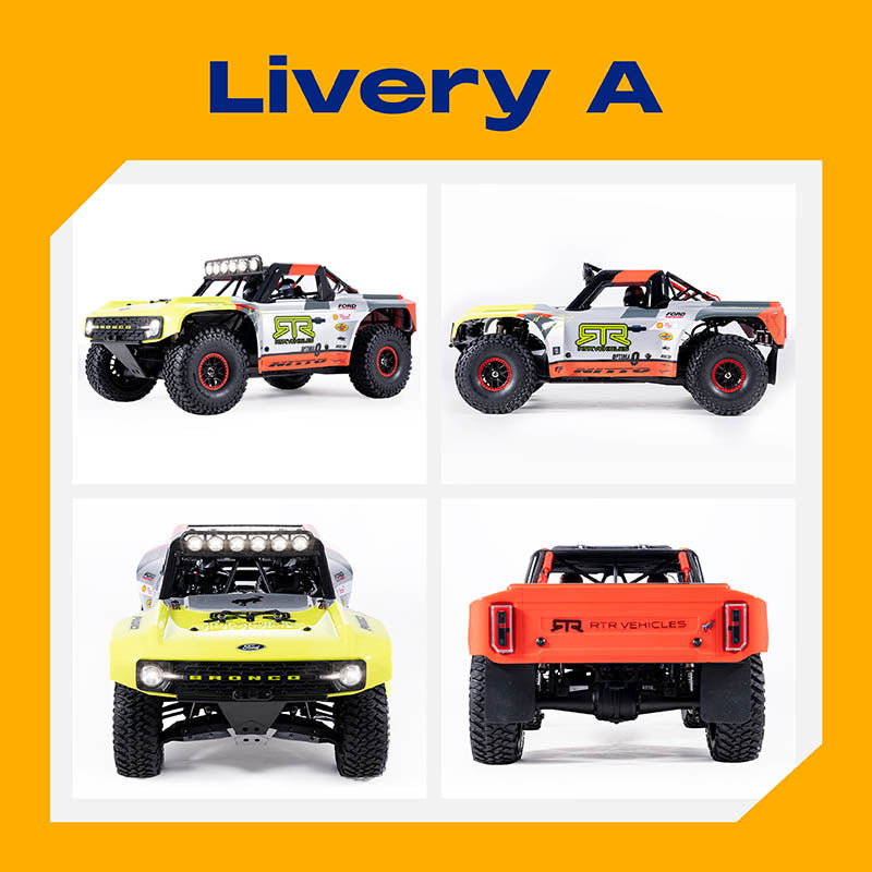 Four views of a toy truck with 'Livery A' branding on an orange background