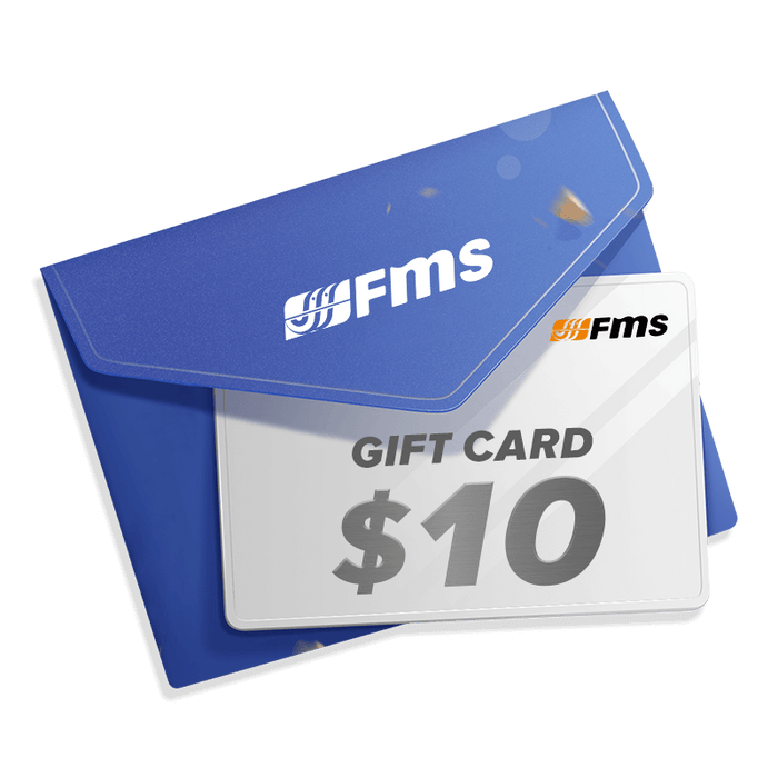 $10 FMS gift card in blue envelope with FMS branding