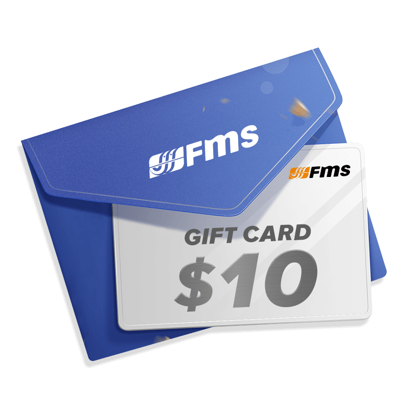 $10 FMS gift card in blue envelope with FMS branding