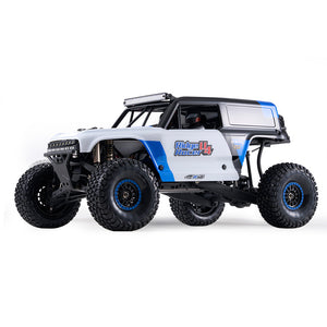 ROCHOBBY 1:7 Ridge Racer U4 desert buggy, white with blue accents, black roll cage, and LED light bar.