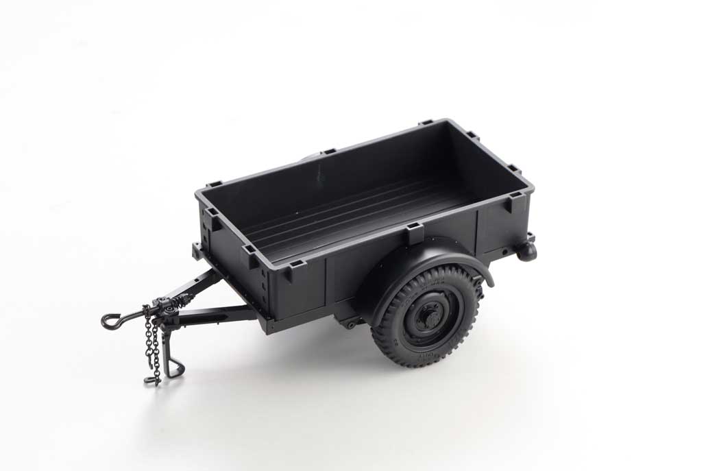 Black utility trailer model for RC vehicles with realistic wheels and hitch