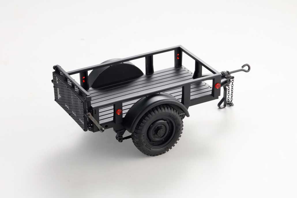 Black RC utility trailer model with realistic design and durable wheels