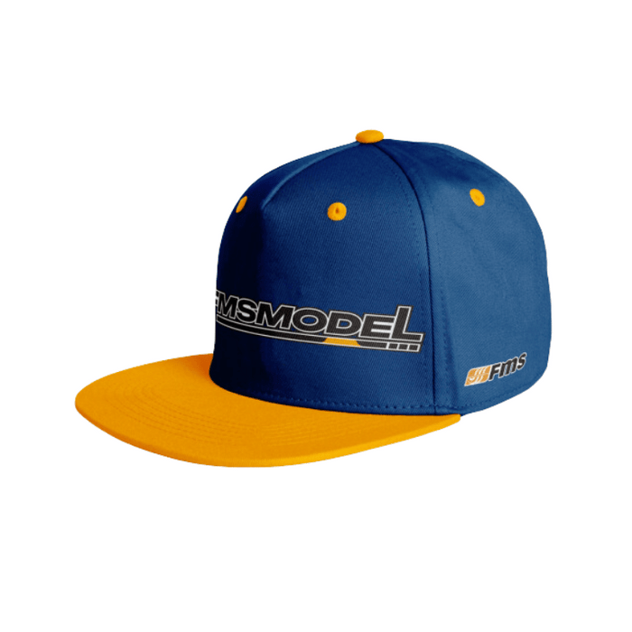 Blue and yellow FMS Model cap with logo and flat brim design