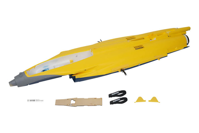 80mm Rafale RC model fuselage in yellow and gray with accessories