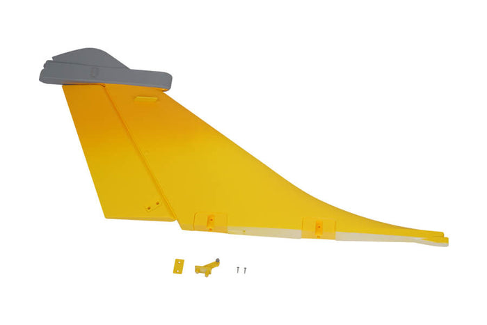 80mm Rafale vertical stabilizer in yellow with gray trim and mounting parts.