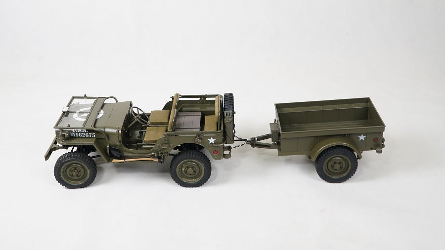 Detailed 1:6 scale military trailer attached to RC car, showcasing realistic design
