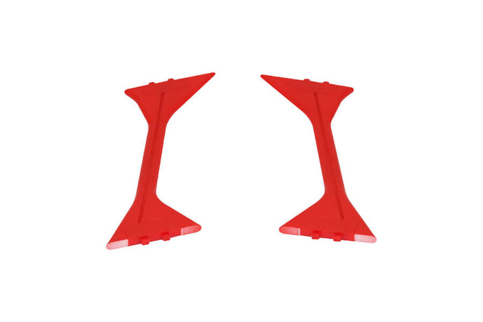 Red wing strut set for RC airplane, providing support and stability.