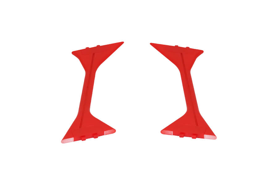Red wing strut set for RC airplane, providing support and stability.
