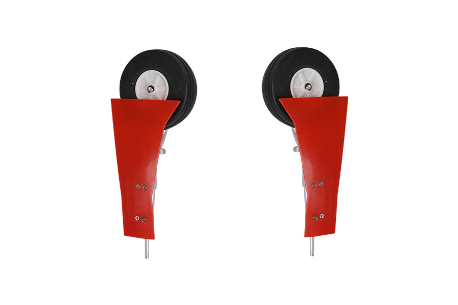 1100mm P-51 Dago Red main landing gear set with red struts and black wheels.