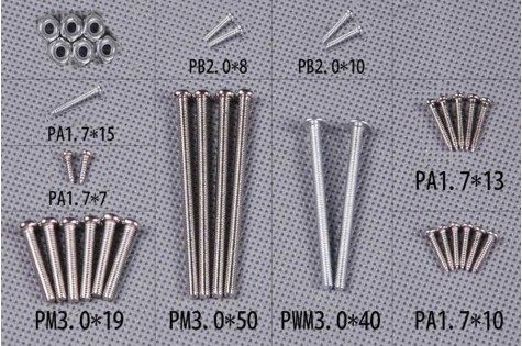 1400mm Zero Screw Set with labeled screws and nuts in various sizes