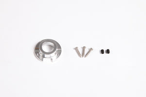 Aluminum motor mount with screws and spacers for RC model assembly.