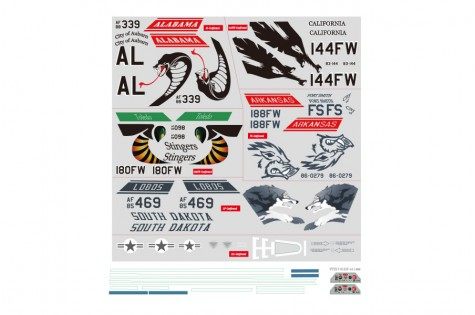 Military aircraft decal sheet with Alabama, California, Arkansas markings and insignias