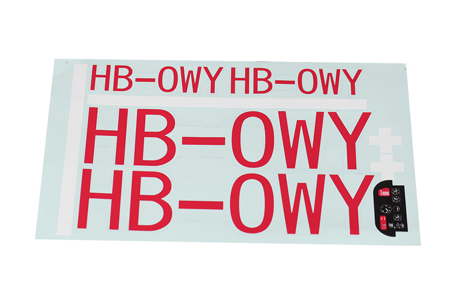 Red HB-OWY decals for customizing remote control airplane models.