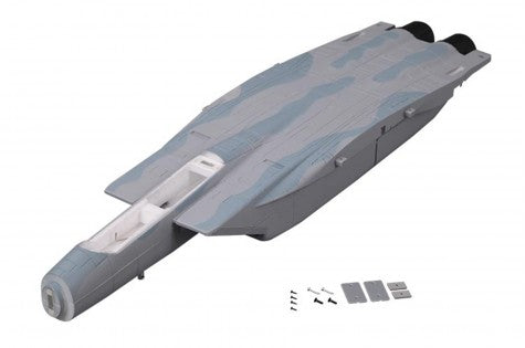 64mm F-15 V2 fuselage model with gray and blue design, includes assembly accessories