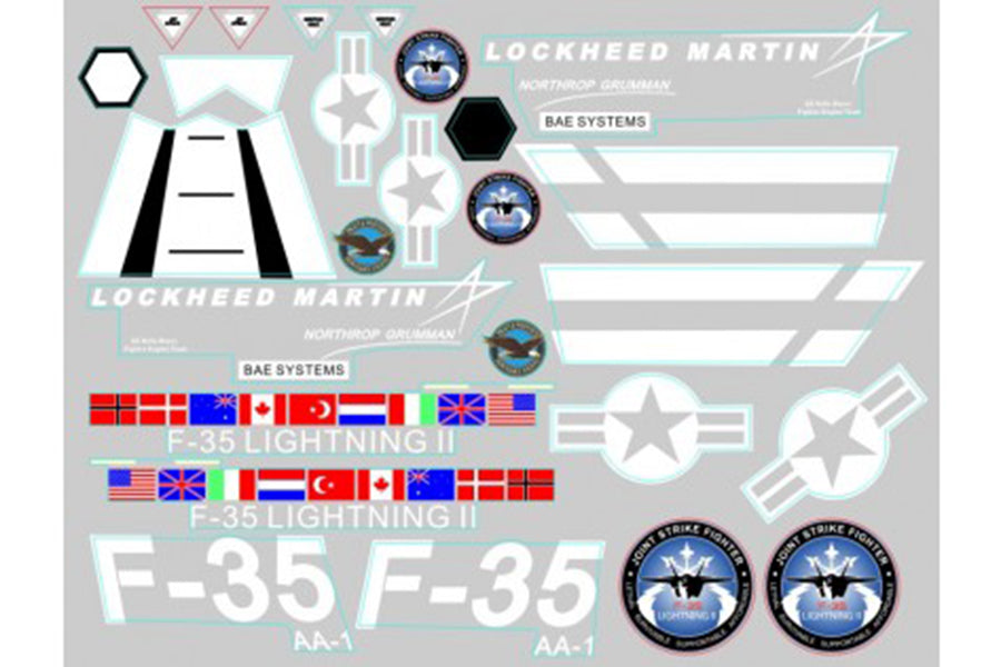 F-35 V2 decal sheet with logos, flags, and markings for RC model