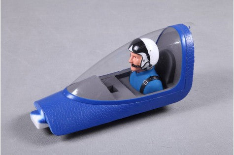 RC airplane cockpit model with pilot figure in blue suit and helmet