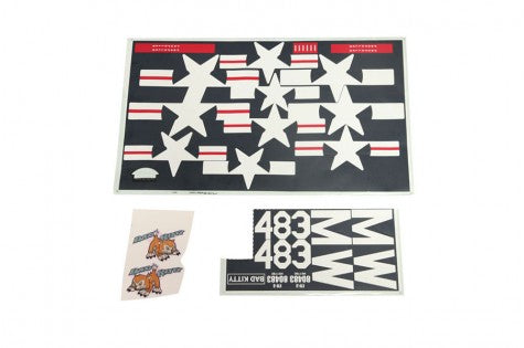 Decal sheet for 1700mm F7F Tigercat - white stars and 'Bad Kitty' logos