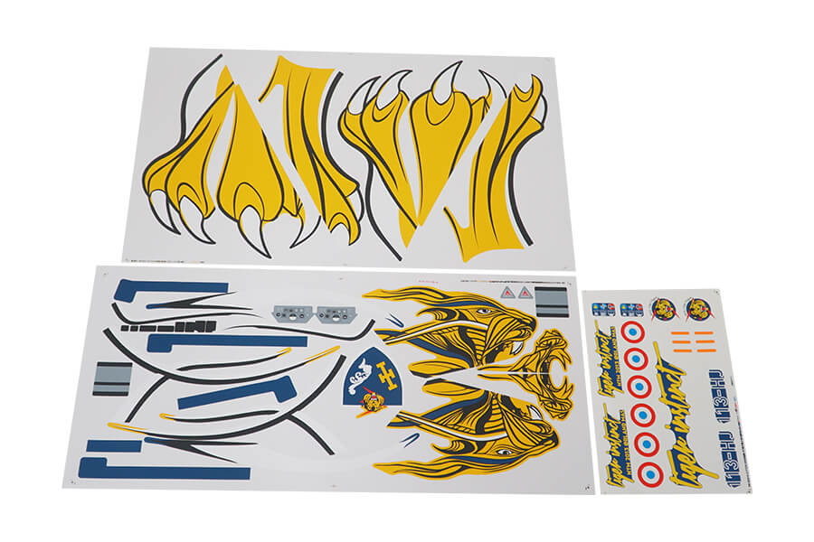 80mm Rafale decal sheet with yellow and black graphic designs for RC models