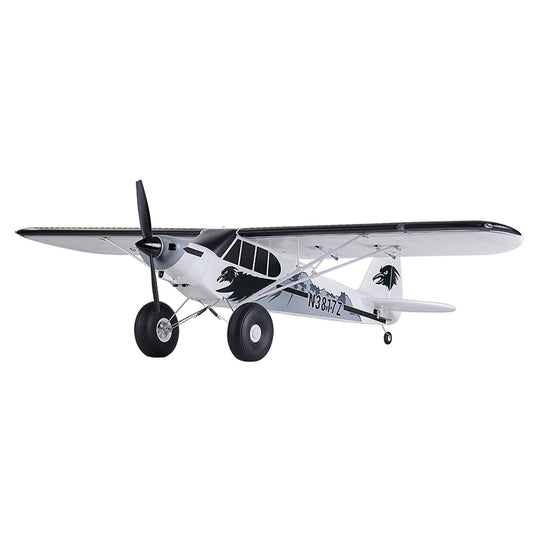 FMS 1300mm PA-18 Super Cub RC airplane in black and white.