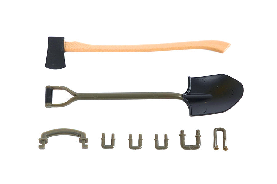 1:12 scale axe and shovel set with connectors for RC vehicles