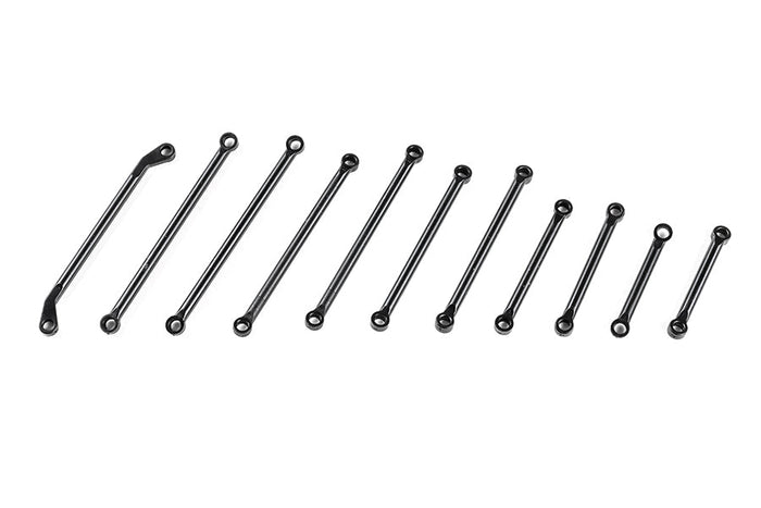 Set of black connecting rods for RC models, varying sizes for performance tuning.