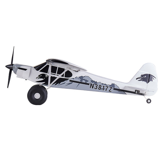 FMS 1300mm PA-18 Super Cub in striking black and white livery with mountain design.