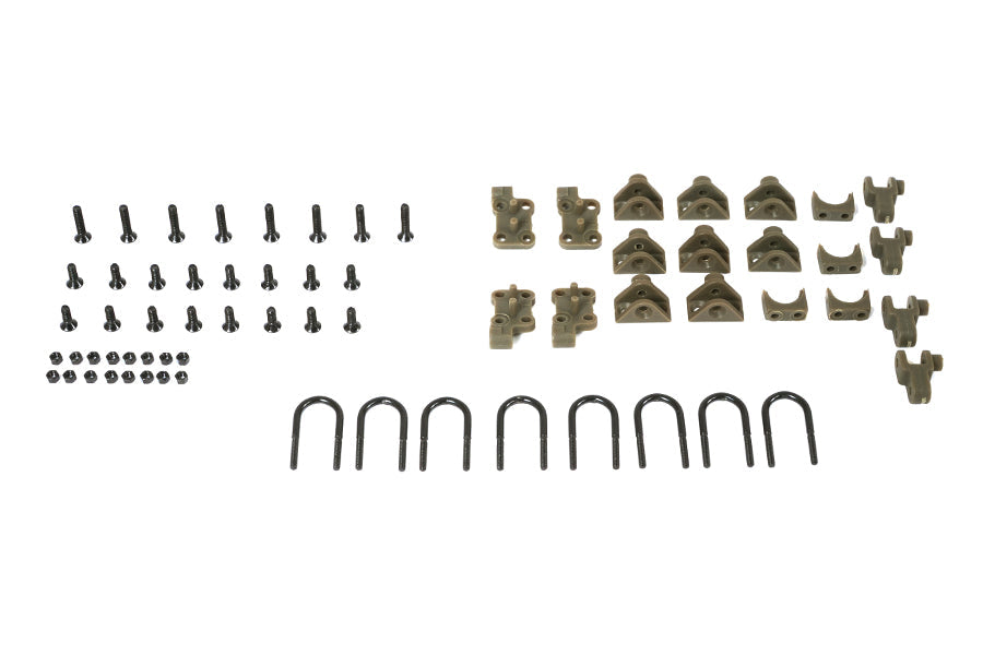 RC shock mount parts including screws, brackets, and U-bolts for 1:12 scale models