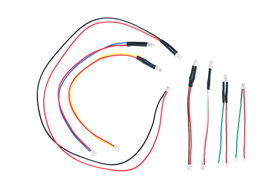 Assorted LED wires in red, black, yellow, blue, and green for RC models