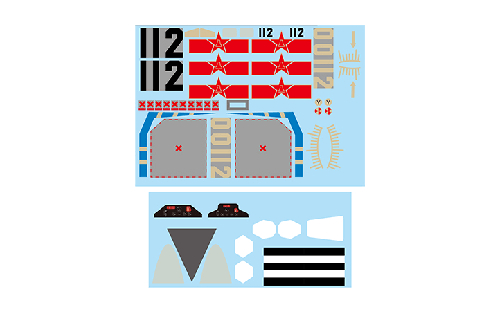 Decal sheet for 70mm J-11 model with red stars and numbers 112
