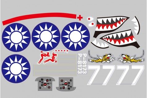 Decal sheet for 980mm P-40B Flying Tiger with tiger teeth and roundels.