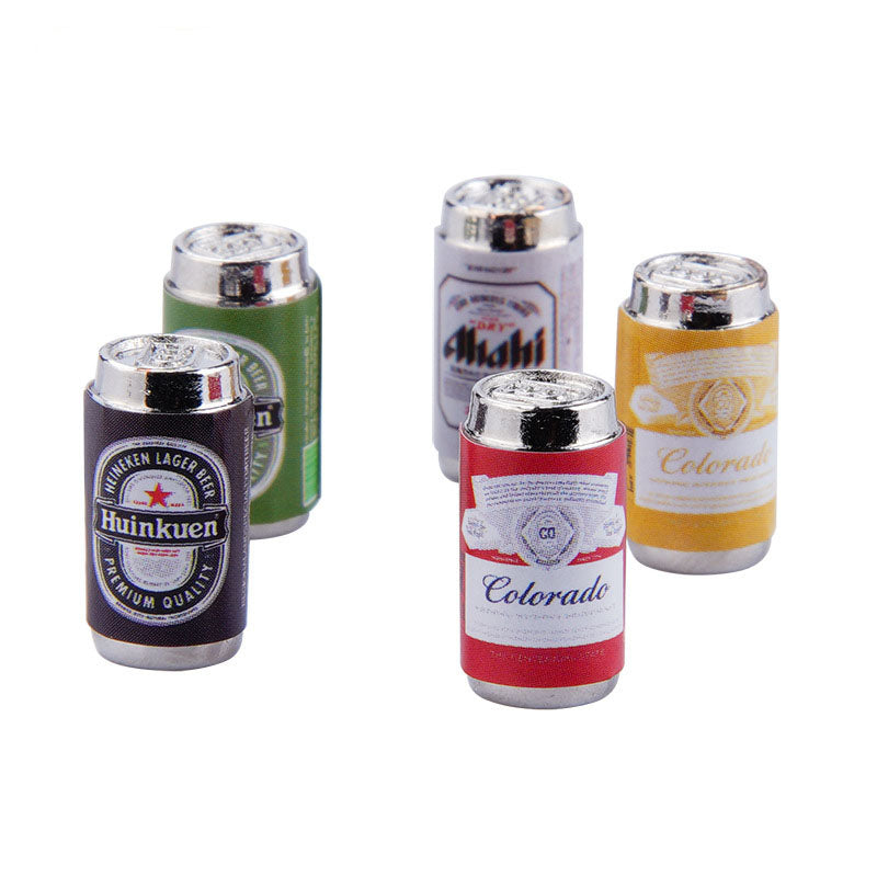 Set of 5 mini beer cans in colorful designs for decoration.