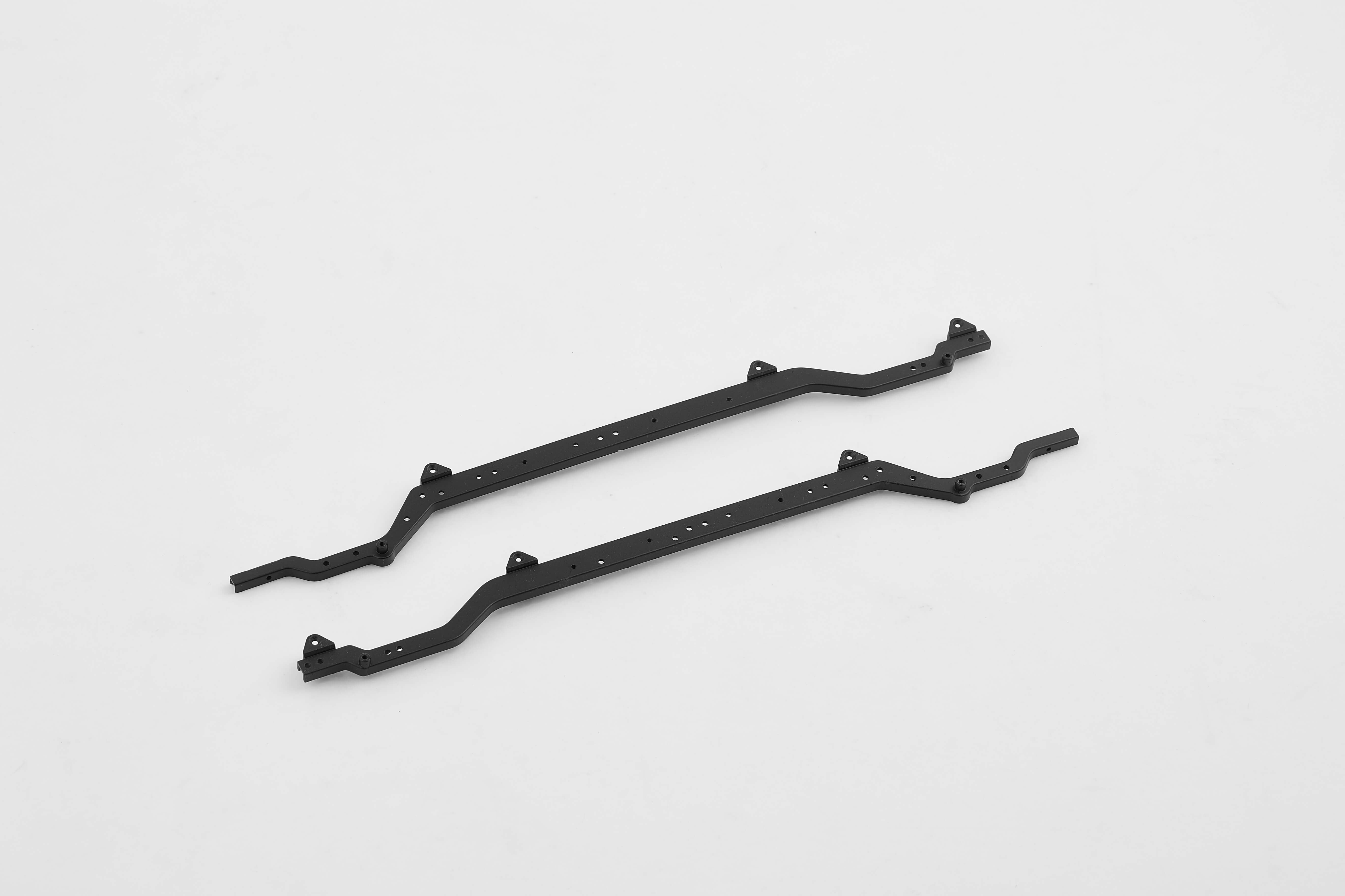 Black metal chassis frames for RC vehicles with mounting holes