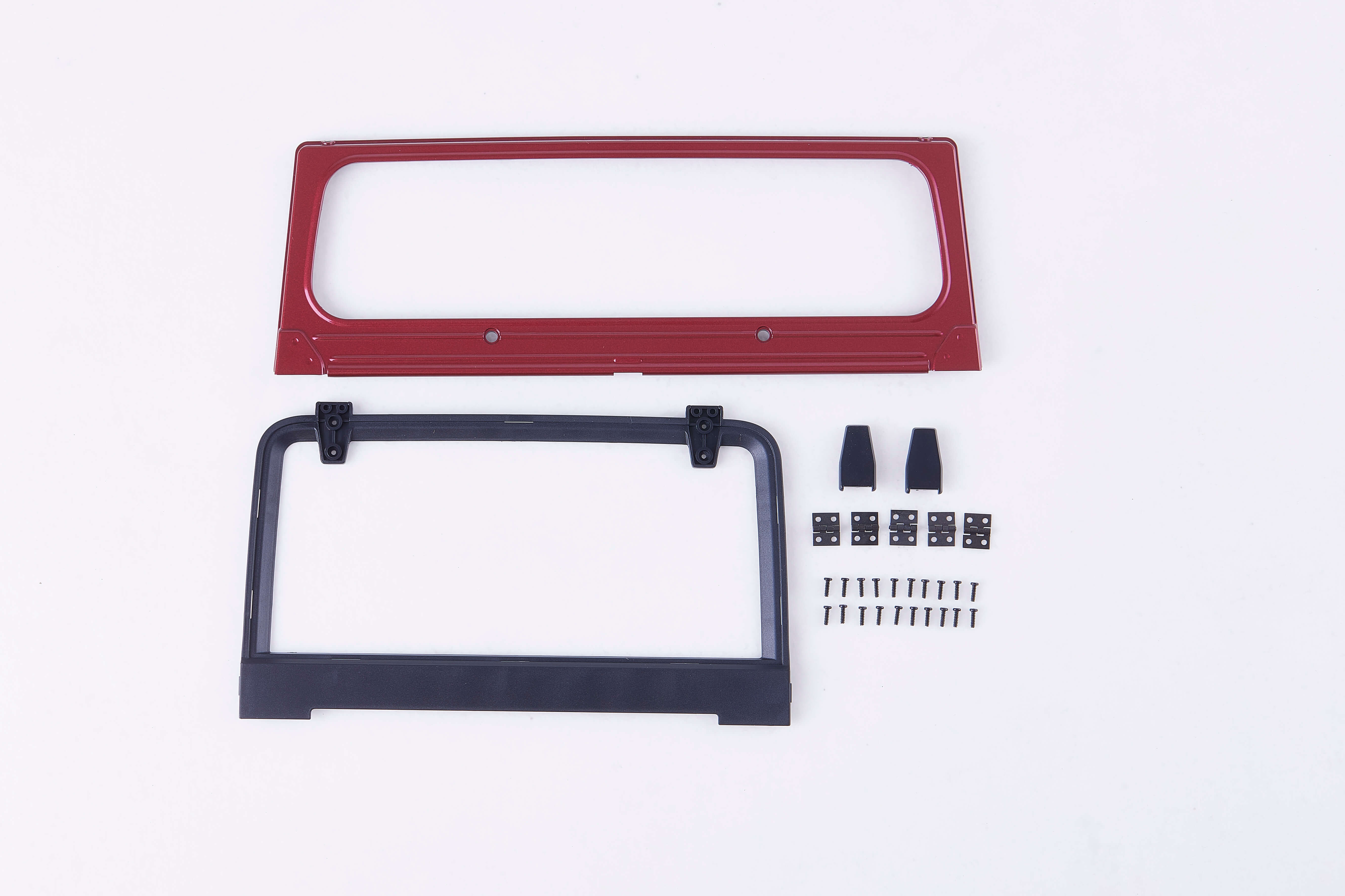 1:10 Mashigan window frame parts including red and black frames, screws, and brackets.