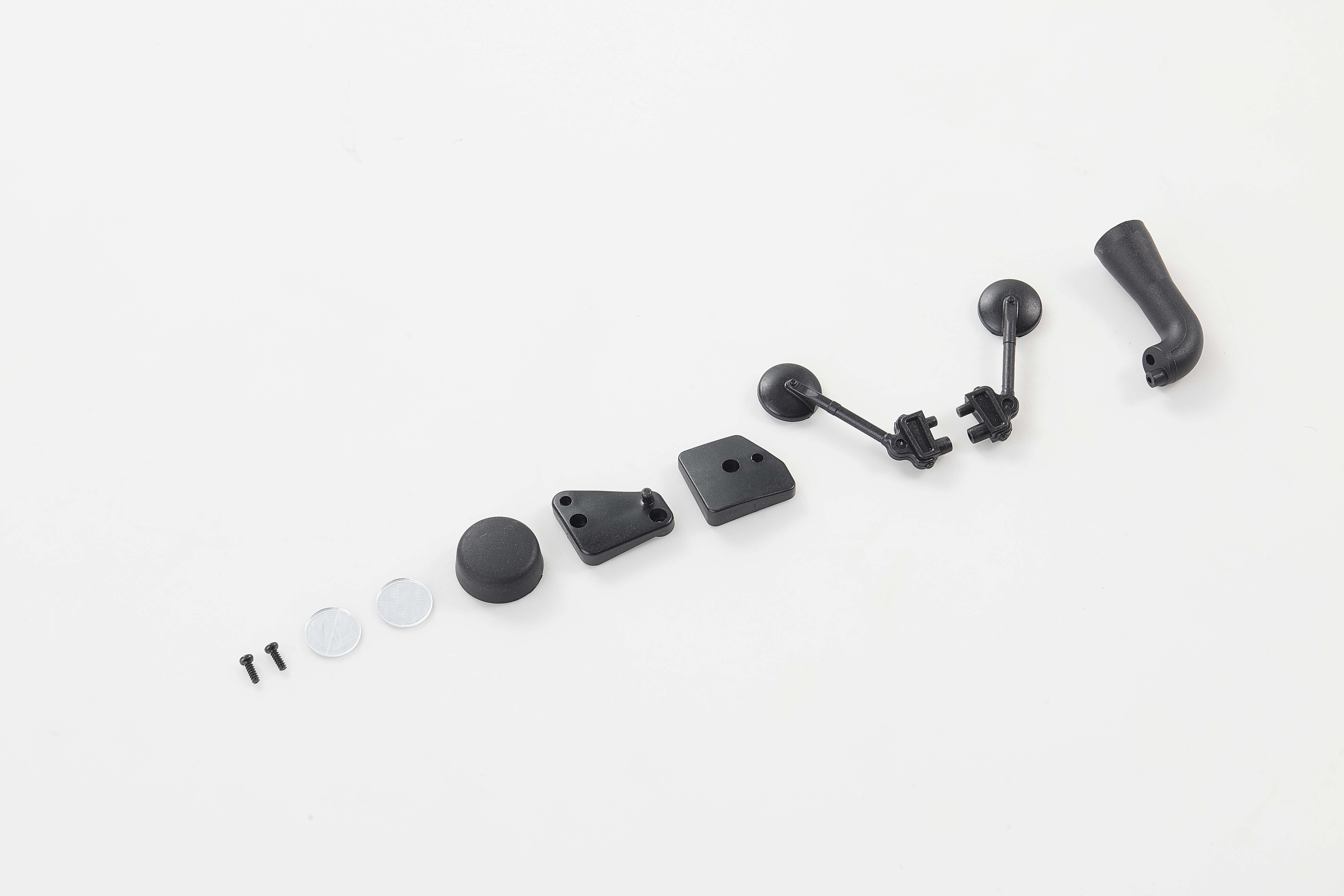 Black RC model parts including rearview mirror and snorkel for Atlas 4x4.