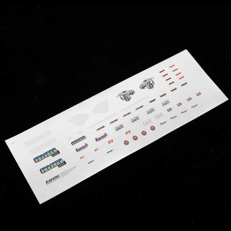 Decal sheet with logos and graphics for RC cars and models