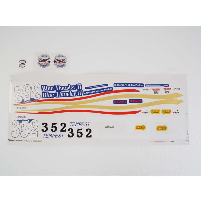 Blue Thunder II decal sheet for RC models with numbers and sponsor logos.