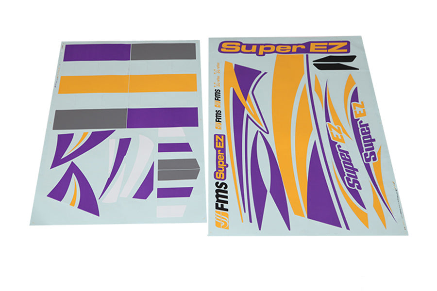 Super EZ V4 sticker sheet for RC airplane with purple and orange design.