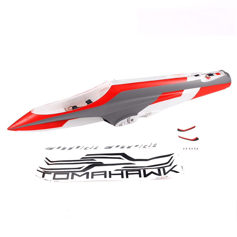 Red and gray RC boat fuselage with Tomahawk branding