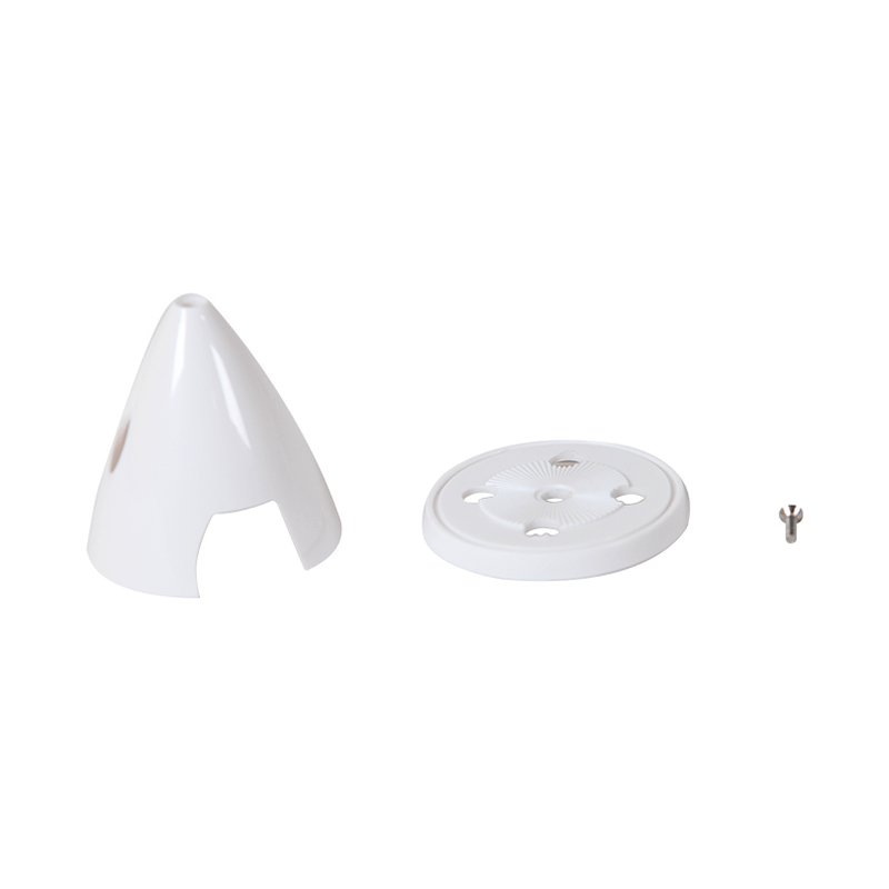 White RC model spinner kit with cone, base plate, and screw