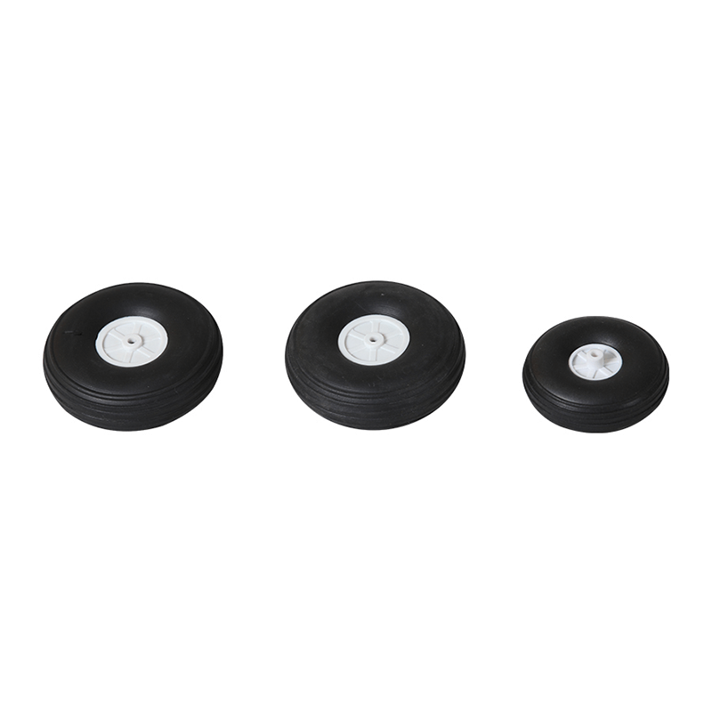 Three sizes of RC model wheels set with black rubber and white hubs