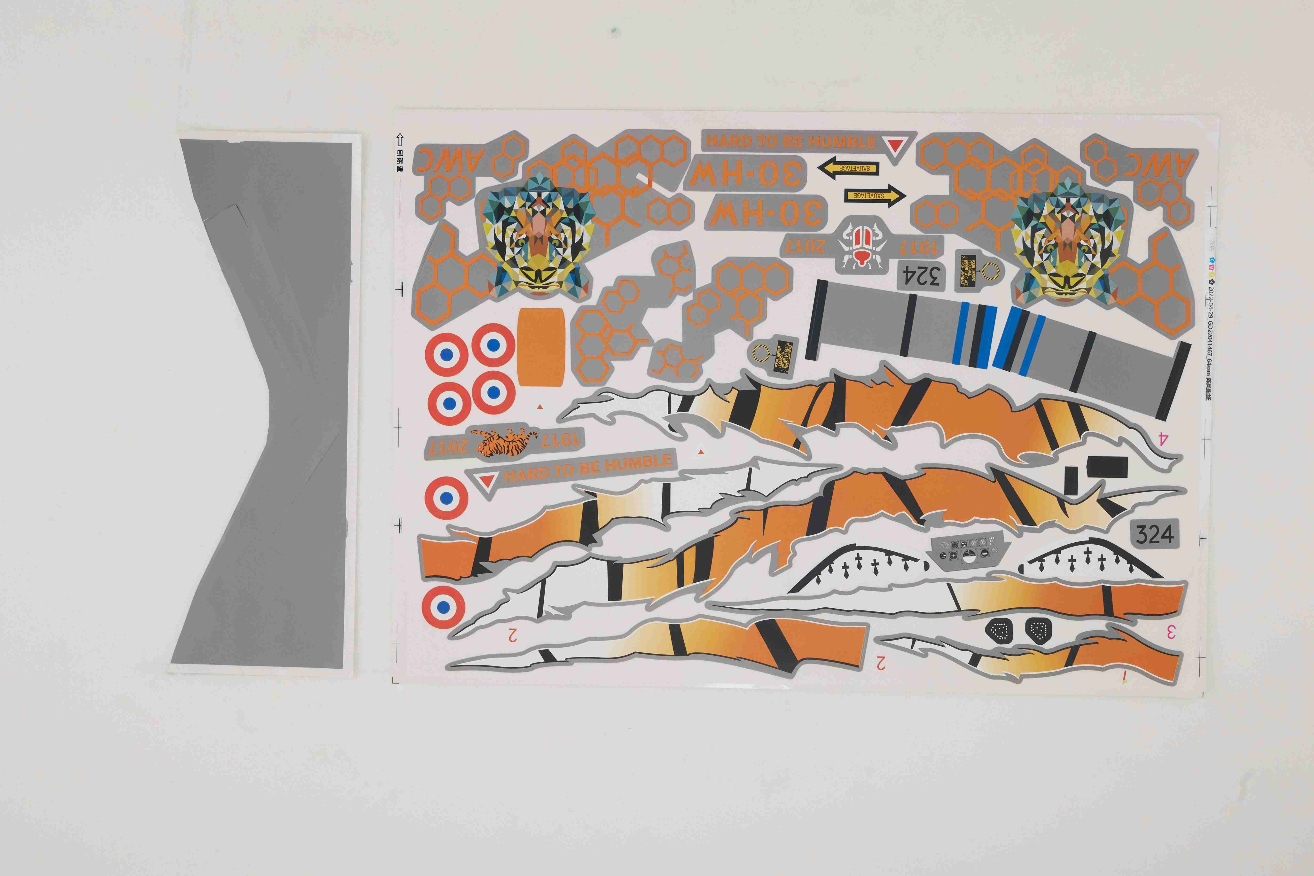 Decal sheet for 64mm Rafale EDF jet with tiger designs and roundel stickers.