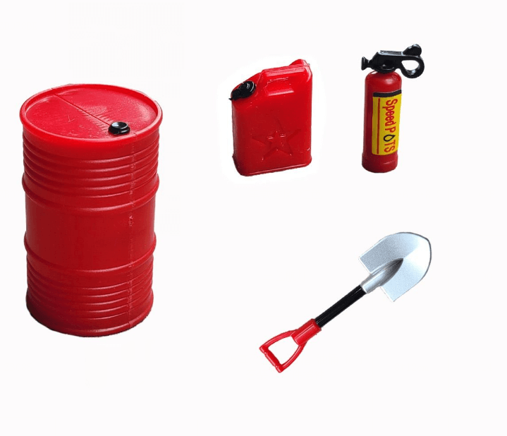 Miniature oil drum, fuel tank, fire extinguisher, and shovel decoration set