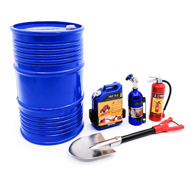 Blue oil drum, fuel tank, nitrogen bottle, fire extinguisher, and shovel for RC cars.