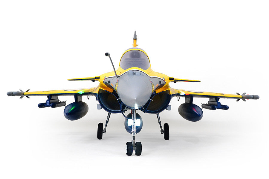 FMS 80mm Rafale EDF Jet PNP with yellow and gray body, dual engines, and landing gear deployed.