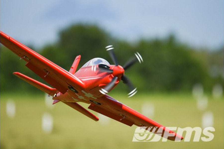 FMS 1100mm PC-21 Pilatus PNP RC airplane in flight, red with white markings