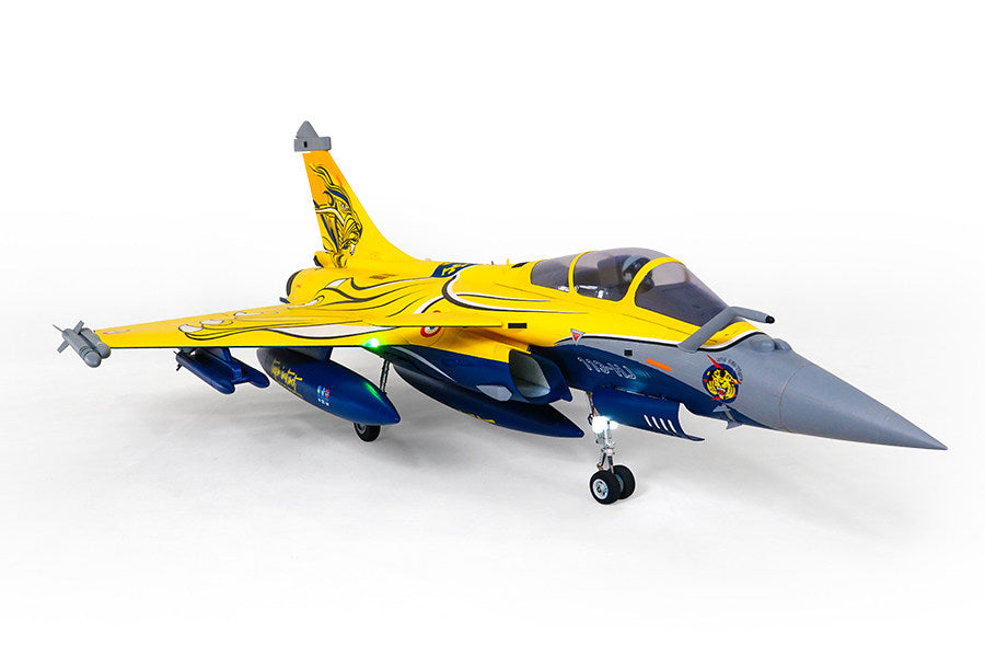 FMS 80mm Rafale EDF Jet in striking yellow design with detailed features and lights