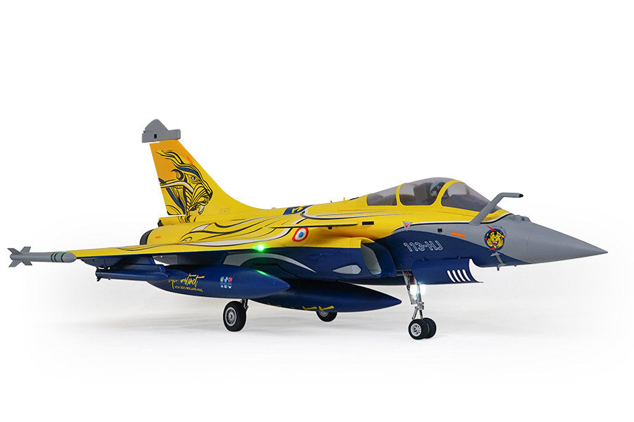 FMS 80mm Rafale PNP RC jet with yellow, blue, and gray livery, featuring detailed graphics and landing lights.